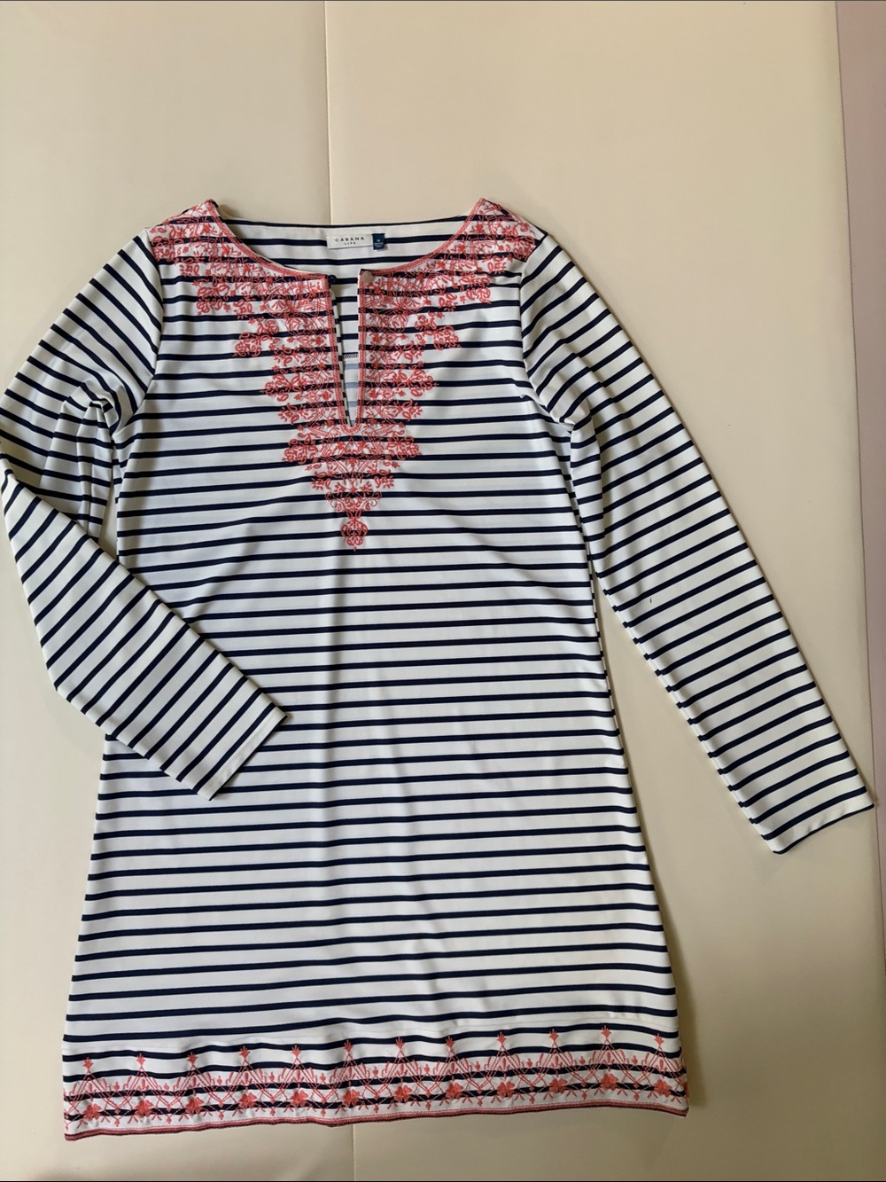 Cabana Life Navy & White Striped Long-Sleeve Tunic with Pink Embroidery